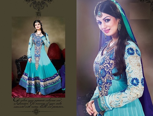 Semi-stitch Dress Materials - Georgette Top, Shantoon Chudidar, Light Blue, Shiffon Dupatta | Lace, Resham, Stone Work, Elegant Design