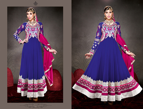 Semi-stitch Dress Materials - Georgette Top, Shiffon Dupatta, Shantoon Chudidar, Blue | Zari & Pita Work, Elegant Design, Matching Dupatta