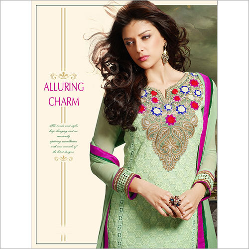 Sea Green Indian Style Suit - Bember Shiffli Fabric, Size 42, Sea Green, Shantoon Bottom, Chiffon Dupatta | Embroidered Thread, Stone Work, Heavy Lace, Patch Work, Full Sleeves, Party Wear