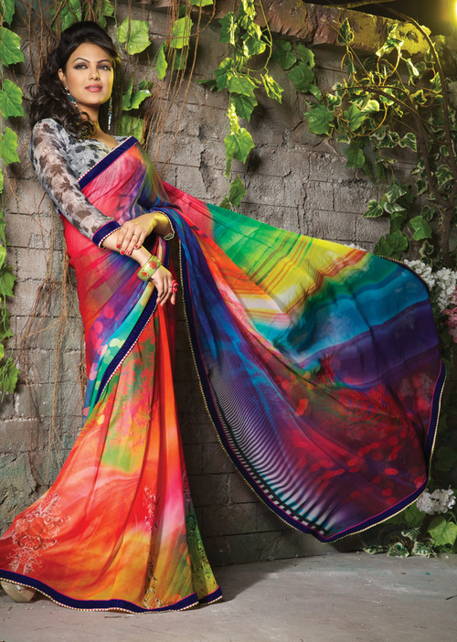 MultiColor Printed Saree - Viscose Blouse, 5.5m Length, 1.1m Width, Digital Print, Lace Work, Matching Blouse