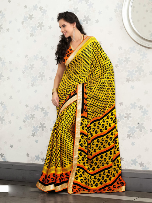 Yellow & Orrang Printed Saree