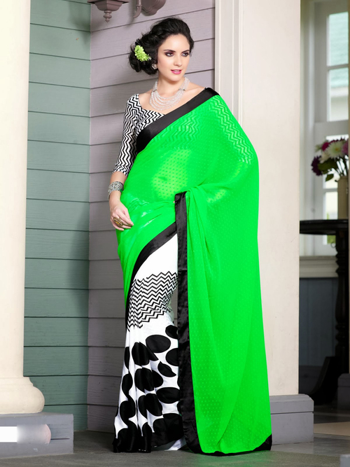Amazing Parrot Saree - Satin Cotton Blouse 5.5 Meters Green | Printed Pattern Soft Fabric Matching Blouse