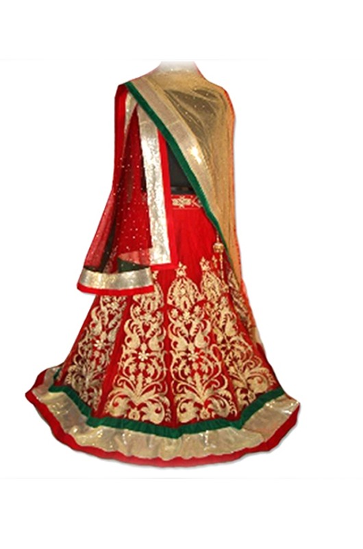 Embroidered Designer Lehenga - Net and Crape Fabric, Customizable Size, Red with Gold Thread Embroidery | Elegant Design, Perfect Fit, Durable, Various Sizes