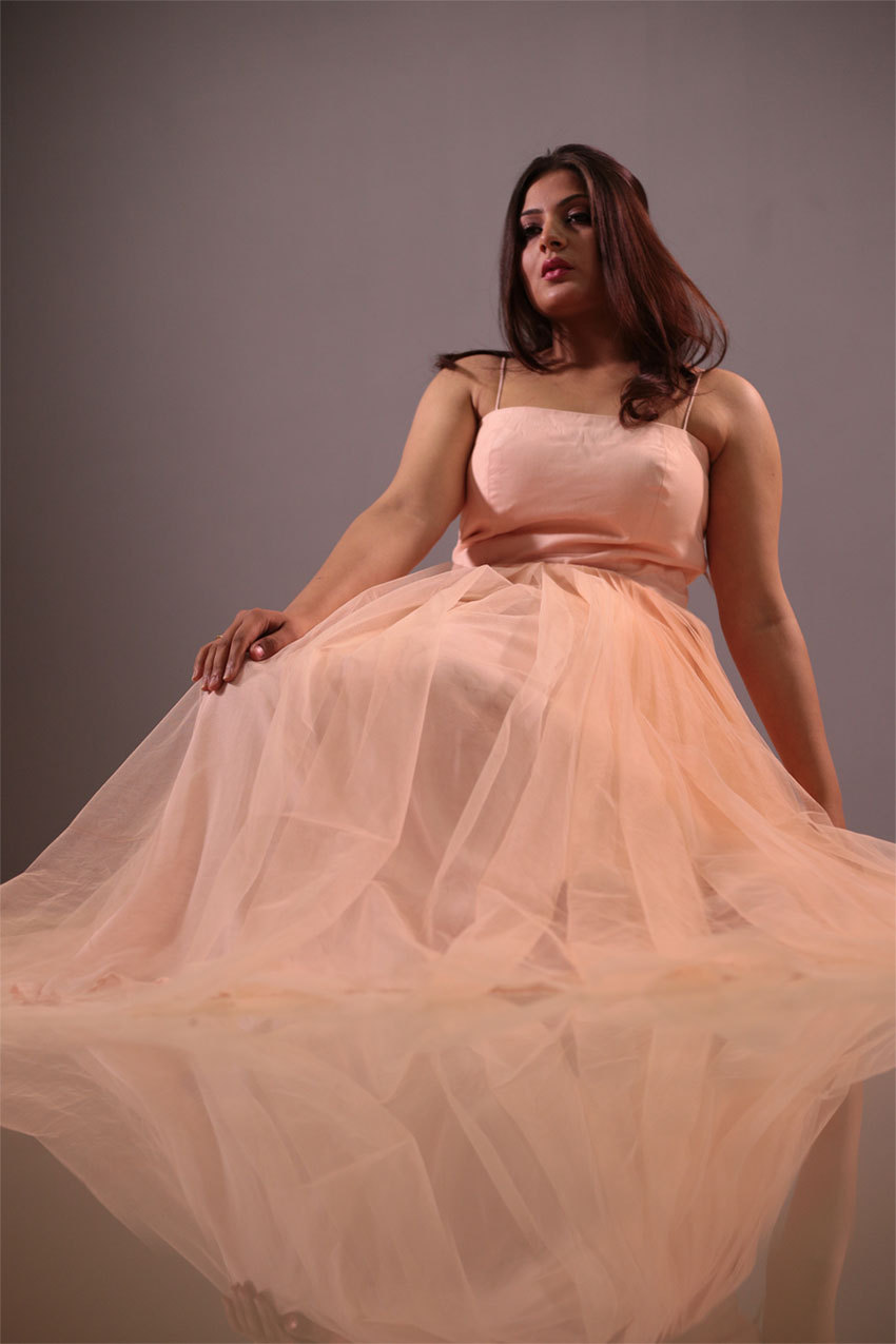 Peach Dress - Georgette, Three-Layer, Embellished | Adjustable Straps, Lightweight, Lined Party Dress
