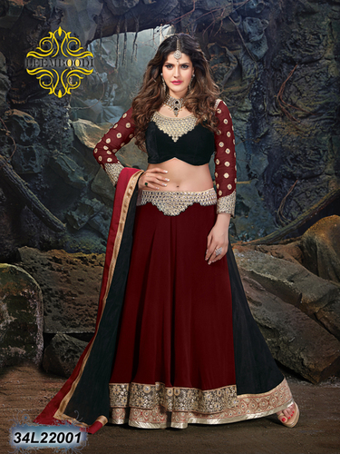 Bridal Embroidered Lehanga - Velvet Silk, 50-54 Inches, Maroon | Elegant Design, Intricate Embroidery, Customizable Size