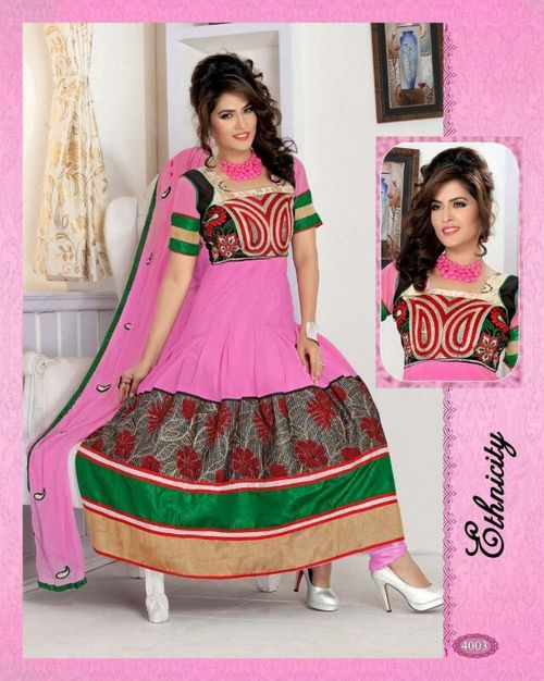 Georgette Anarkali Suit - Georgette, 54 Inches, Pink | Elegant Style, Embroidered, Semi-Stitched, Comfortable Fit