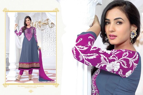 Georgette Anarkali Suit - Soft Georgette, 54 Inches, Grey, Semi-Stitched, Embroidered, Three Quarter Sleeves
