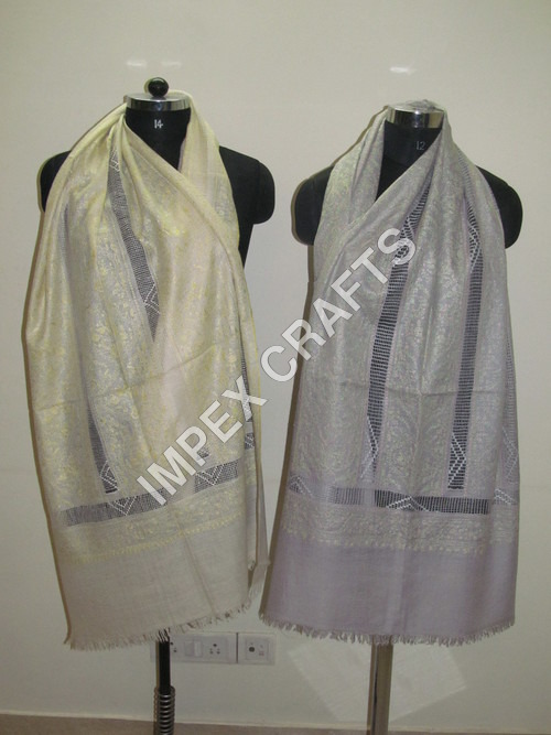 White And Cream Pashmina With Cutwork Handmade