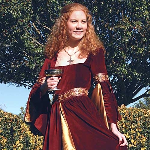 Medieval Costumes for Women - Velvet Linen, Custom Size, Burgundy | Lace-up Closure, Embroidery, Belt, Elegant Design, Comfortable Fit, Durable, Versatile Floor-Length Dress