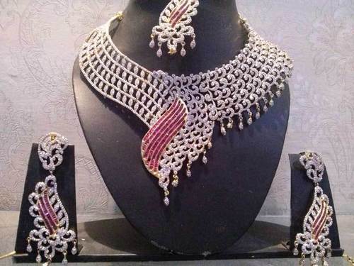 American Diamond Sets - American Diamond, Silver, Variable Dimensions | Elegant Design, Sparkling Stones, Prong Setting, Necklace Set, Weddings, Special Occasions