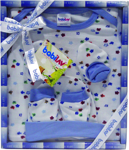 Baby Gift Set - Cotton, Newborn, Blue | Soft Fabric, Attractive Print, Four-Piece Gift Box