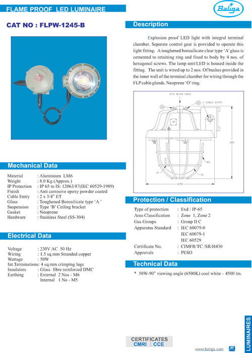 FLAME PROOF LED LUMINAIRE, well glass FLPW-1245-led-50W