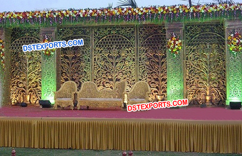 Indian Wedding Carved Panel Backdrop - Wood, Customizable Dimensions, Gold | Intricate Hand-Carved Design, Elegant, Durable, Photogenic, Modular Assembly