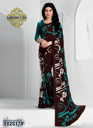 Designer Printed Embroidery Sarees - Silk, 5.5 Meters, Brown | Hand Embroidery, Elegant Design, Soft Fabric, Vibrant Colors