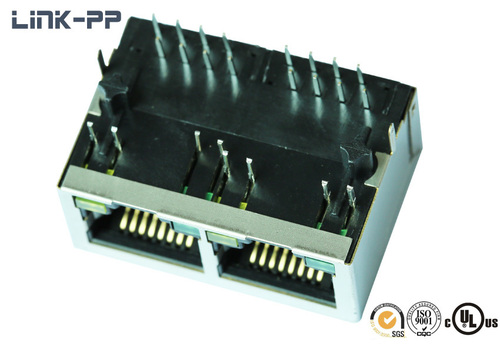 1X2 Port 10/100Base-T Tab-Up 5-6610163-5 RJ45 Connector with LEDs - Plastic/Metal, Shielded, Female, Hi-pot 100Vrms, PCB Mounting