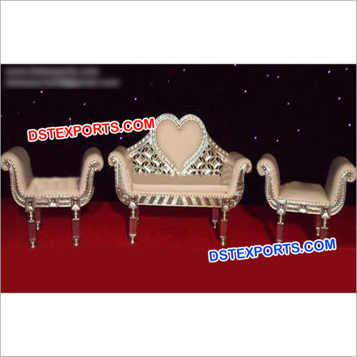 Heart Shape Designer Carved Sofa Set - Wood, Beige, Varied Sizes | Elegant Design, Intricate Carving, Comfortable Seating, Silver Legs