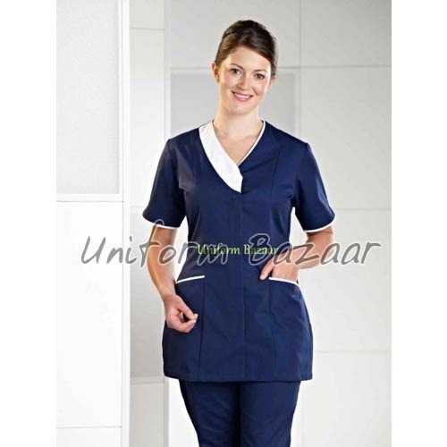 Spa Tunic Uniform - Cotton Blend, Various Sizes, Navy Blue | Comfortable, Stylish, Durable, Professional, Breathable Fabric, Two Pockets, V-Neck, Short Sleeves, Overlap Closure