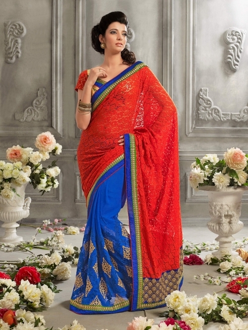 Designer Sarees - Net Fabric, 5.5 Meters, Red, Attached Blouse | Hand Work Embroidery, Elegant Design, Comfortable Wear