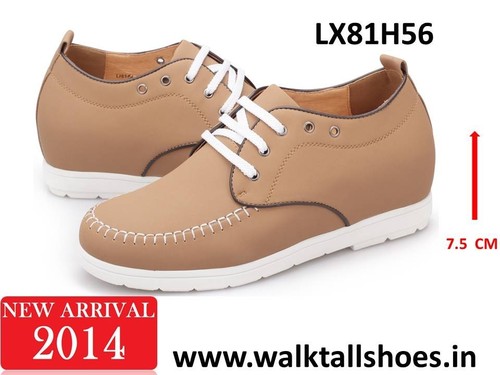Semi Formal Elevated Shoes - Leather, Size 7.5 CM, Beige | Lace-up Closure, Comfort Features, Discreet Lift, Durable Rubber Sole, Stylish Design