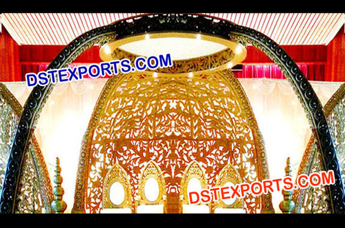 Wedding Carved Mandap Backdrop - Wood and Metal, Customizable Gold, Elegant Intricate Carving, Easy Assembly