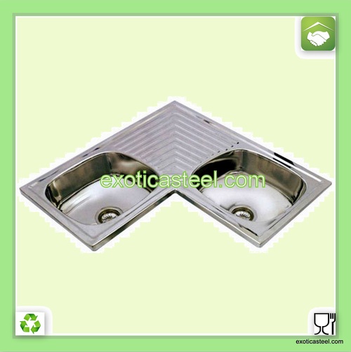 Stainless Steel Corner Double Sink with Drain Board