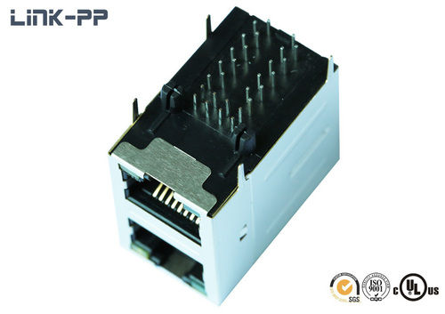 2X1 Port 10/100/1000Base-T 0845-2M1T-E4 Modular Jack with LED - PBT Material, Gold Contact Plating, Shielded, PCB Mount