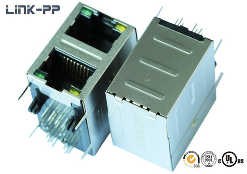 2X1 Port 10/100/1000Base-T 0845-2R1T-W1 Modular Jack with LED - Shielded, RJ45 Female, PCB Mount, Hi-Pot 100Vrms, Up/Down Tabs