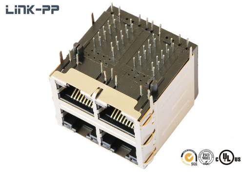 2X2 Port 10/100/1000Base-T 0879-2B2R-54 Modular Jack - Shielded, Female PCB Interface, Optional LED