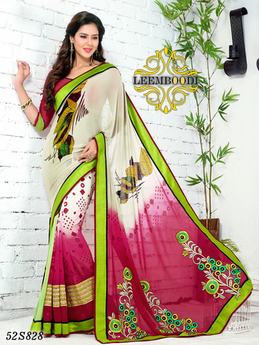 Evening Party Wear Saree - Silk Blend, 5.5 Meters Length, Off-White Color, Embroidered Border, Digital Print | Comfortable Fit, Elegant Design, Stylish Look
