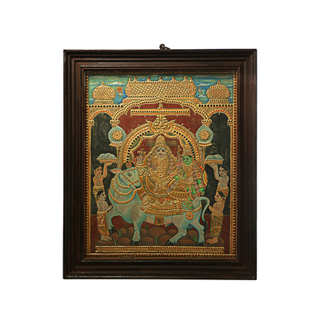 Tanjore Painting - SHIVA PARVATI seated on nandi