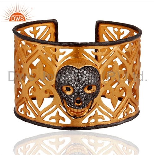 Gold Plated Silver CZ Skull Designs Cuff Bangle