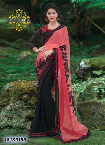 Wedding Wear Sarees - Georgette, 5.5 Meters, Peach | Embroidered, Stylish Look, Blouse Piece Included, Wedding Ready