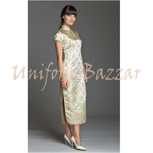 Female Chinese Uniforms - Silk Blend, XS-XL, Beige, Midi Length | Elegant Design, Durable Fabric, Comfortable Fit, Mandarin Neckline, Short Sleeve