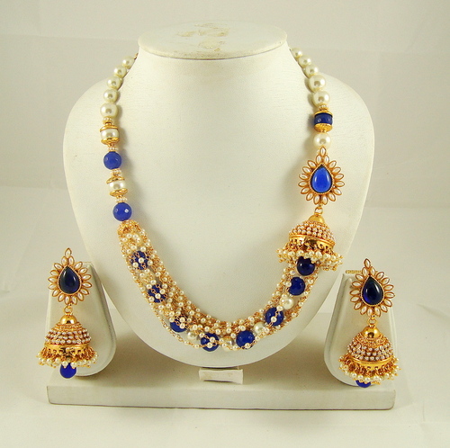 Semiprecious Kundan Blue Necklace Set 269 - Kundan, 18-20 Inches, Blue | Elegant Design, Jhumka Earrings, Pearls, Beaded Detail