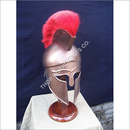 Corintian Armour Helmet With Red Plume - Iron, Copper Finish, Wooden Stand | Impact Resistant, Enhanced Durability, Antique Appeal