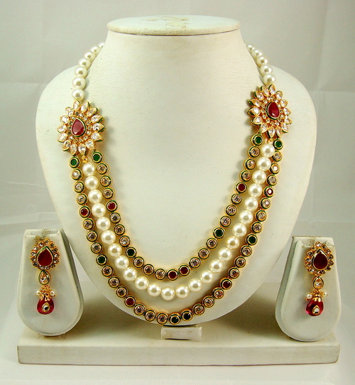 Semiprecious Kundan Stone Necklace Set 271 - Kundan Pearls, 18 Inches, Gold-Plated | Multi-Strand, Stud Earrings, Elegant Design