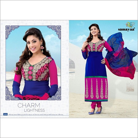 Blue Pink Anarkali - Semi Georgette Fabric, Ankle Length, Blue & Pink | Floral Embroidery, Elegant Design, Comfortable Wear, Trendy Style
