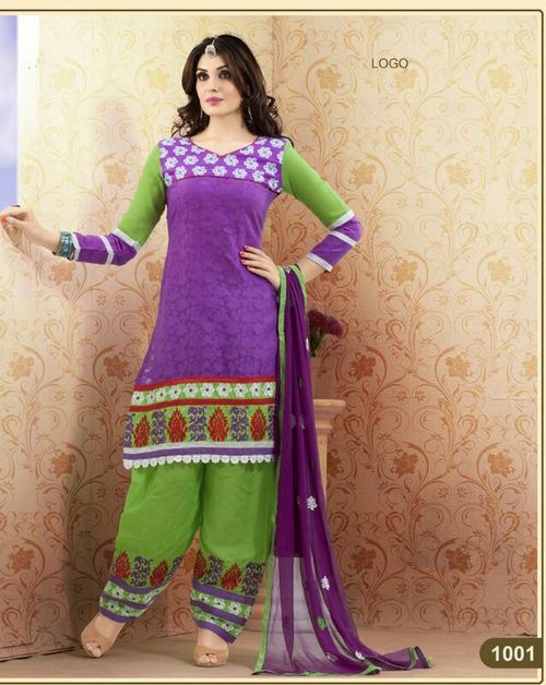 Women Wear - Cotton Top + Pure Shantoon Bottom With Work + Chiffon Dupatta, Blue & Green Printed, Washable, Ethnic Indian Style for All Seasons