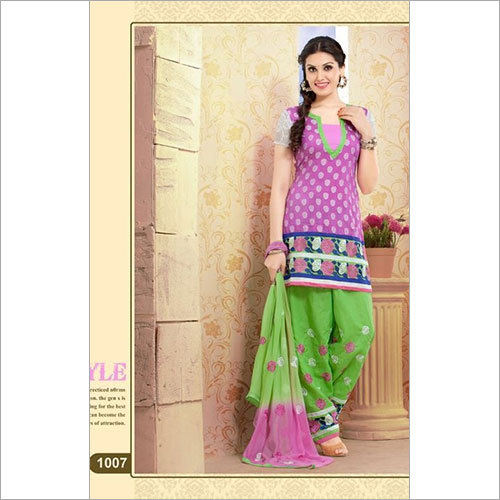 Women Wear 1007 - Cotton Top + Pure Shantoon Bottom with Embroidered Work + Chiffon Dupatta, Short Sleeve, Ethnic Wear in Purple and Green