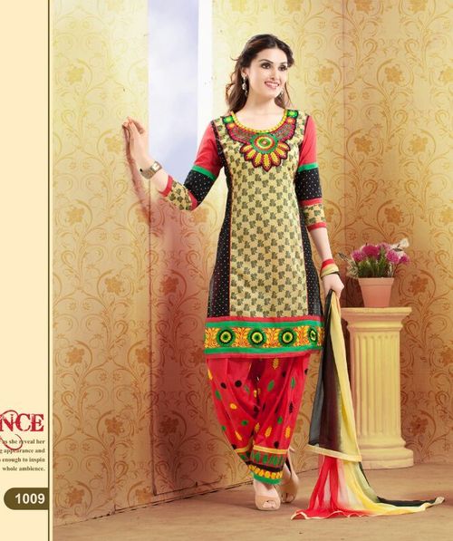 Cotton Salwar Suit - Cotton Top with Pure Shantoon Bottom, Chiffon Dupatta | Red and Yellow Printed Design, Full Sleeves, Embroided Work, All Season Wear