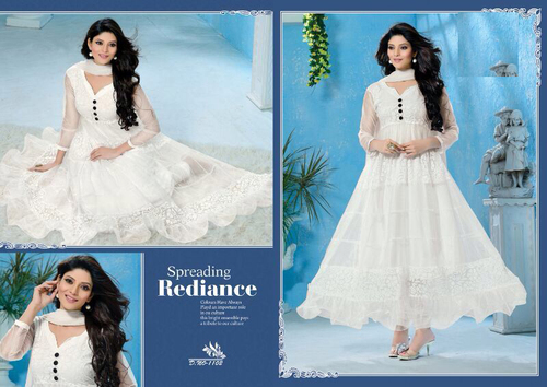 1102 Women Wear - Nett Fabric with Shantoon Bottom, White Color, Full Sleeves, Washable Anarkali Suit, Embroidered Design | All Season Wear, Semi-Stitched