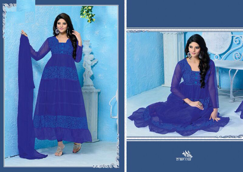 Anarkali Suit - Nett Fabric With Inner, Shantoon Bottom & Nett Duppatta | Blue Full Sleeves, Embroidered Design, Washable, All Season