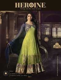 Bollywood Anarkali Churidar Suits - Georgette Net With Heavy Embroidery, Parrot Green, Plus Size, Full Sleeves, Embroidered Pattern