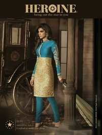 Fancy Anarkali Suits - Georgette Net With Heavy Embroidery, Blue And Golden, Full Sleeves, Easy To Wash, Embroidered Design, Colorfastness