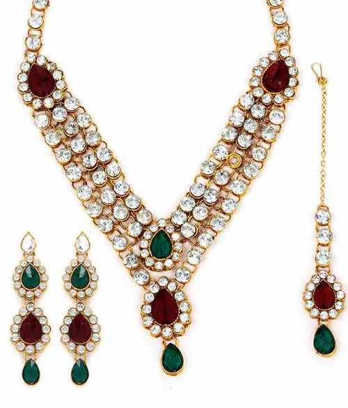 Bridal 3 line Red Green Necklace Set 305