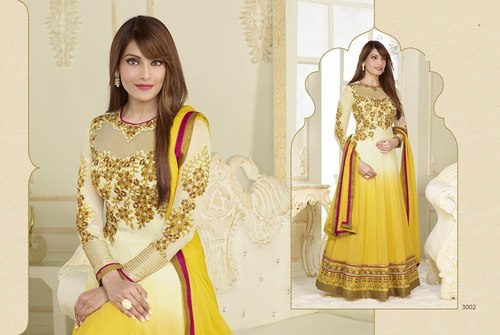 3002 Anarkali Suits - Georgette Net with Heavy Embroidery, Shantoon Bottom, Yellow and Off White Color, Full Sleeves, Washable Fabric, Ideal for All Seasons