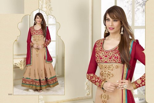 3005 Bollywood Anarkali Suits - Georgette Net With Heavy Embroidery, Shantoon Bottom, Brown And Red Color | Full Sleeves, Embroidered, Washable, Suitable For All Seasons