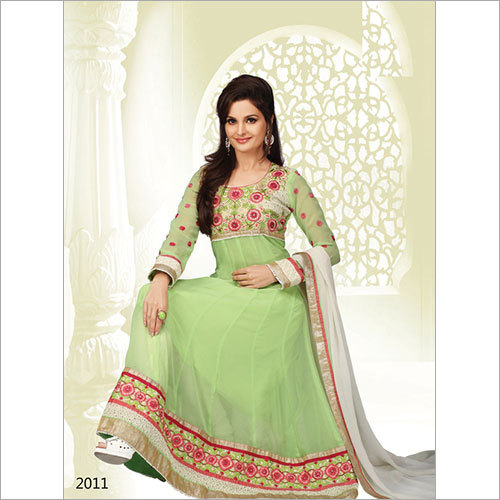 Green Color Anarkali Suit 2011 - Georgette Fabric with Embroidery, Full Sleeves, Washable Design, Indian Ethnic Wear with Laces and Nazmin Dupatta