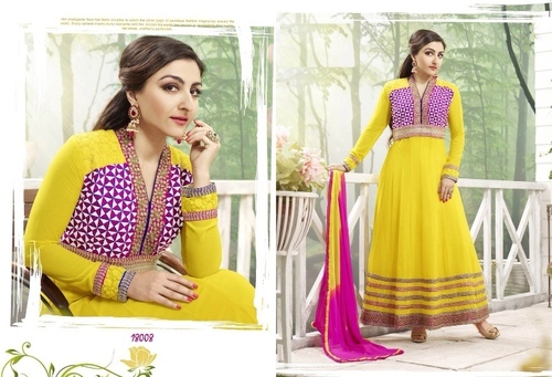 18008 Bollywood Anarkali Suit - Georgette Embroidery With American Inner, Shantoon Bottom, Nazmin Dupatta , Yellow and Pink Color, Full Sleeves, Washable, Multi-Season Wear