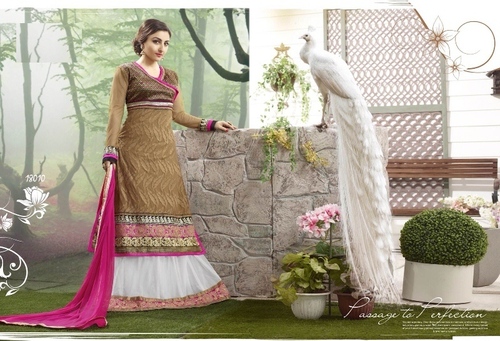 Designer Women Wear - Georgette Embroidered Anarkali Suit with American Inner, Shantoon Bottom & Nazmin Dupatta, Color: White & Pink, Full Sleeves, Breathable